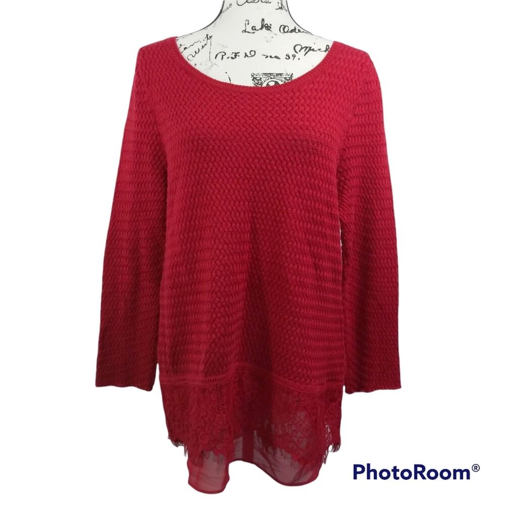 Lucky Brand Lace-Trim Red Scoop Neck Knit Sweater XL